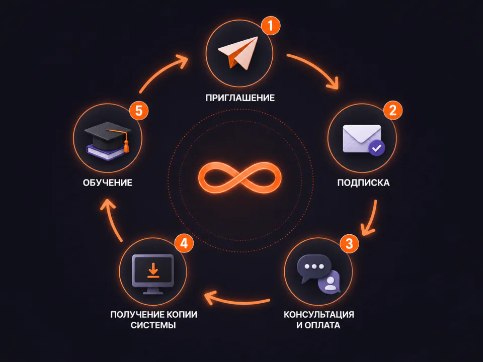 Цикл дупликации: приглашение, подписка, консультация и оплата, получение копии системы, обучение